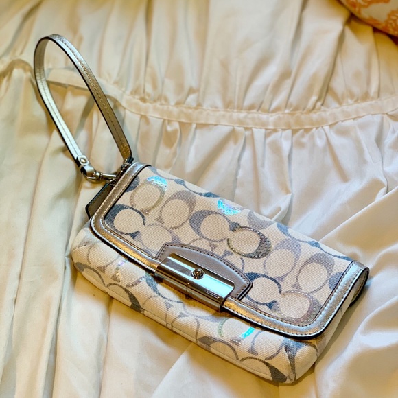 Coach Handbags - Coach White, Blue, Sparkly Clutch